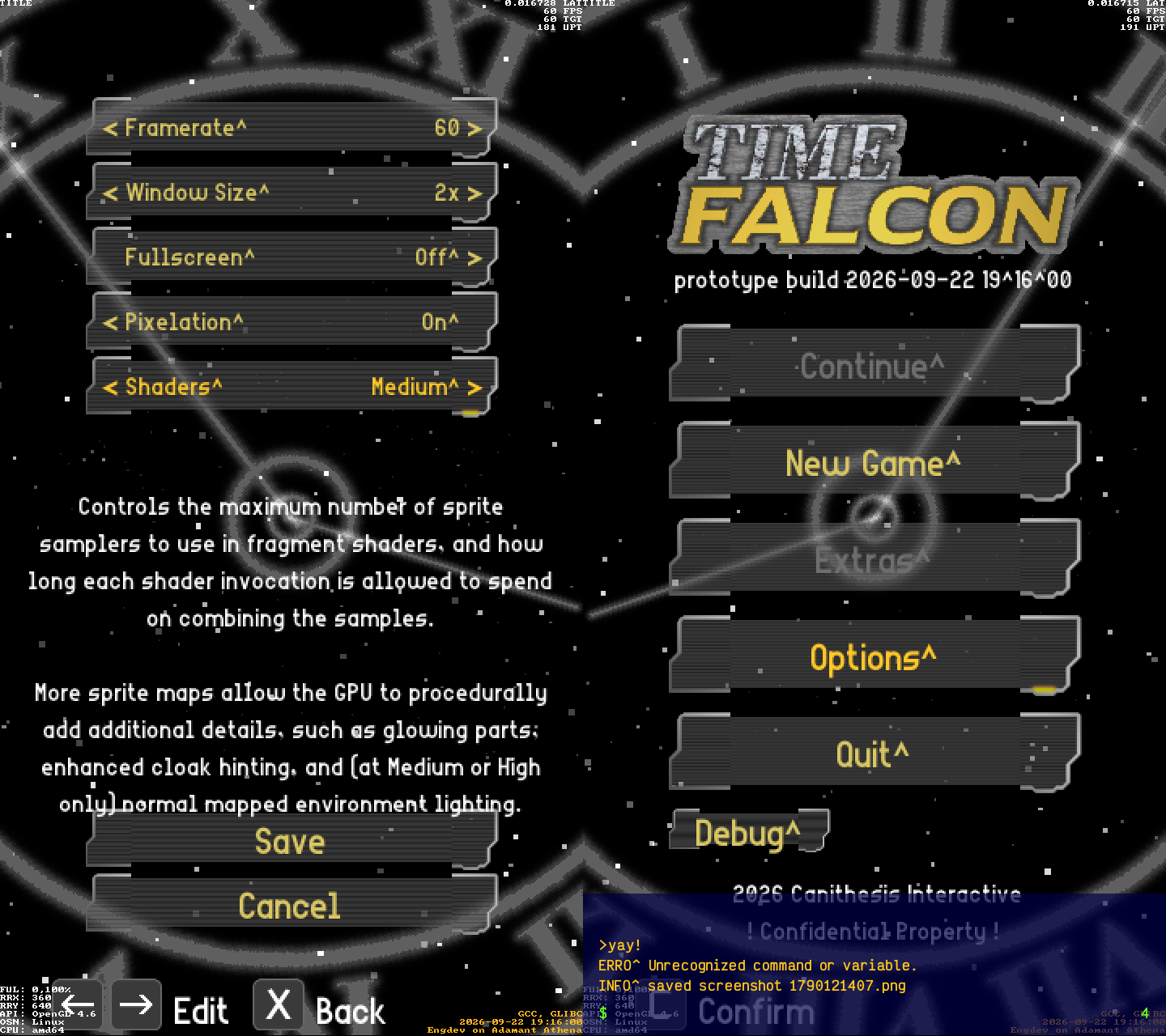 Time Falcon main menu with the allegro_schrift plugin, work in progress